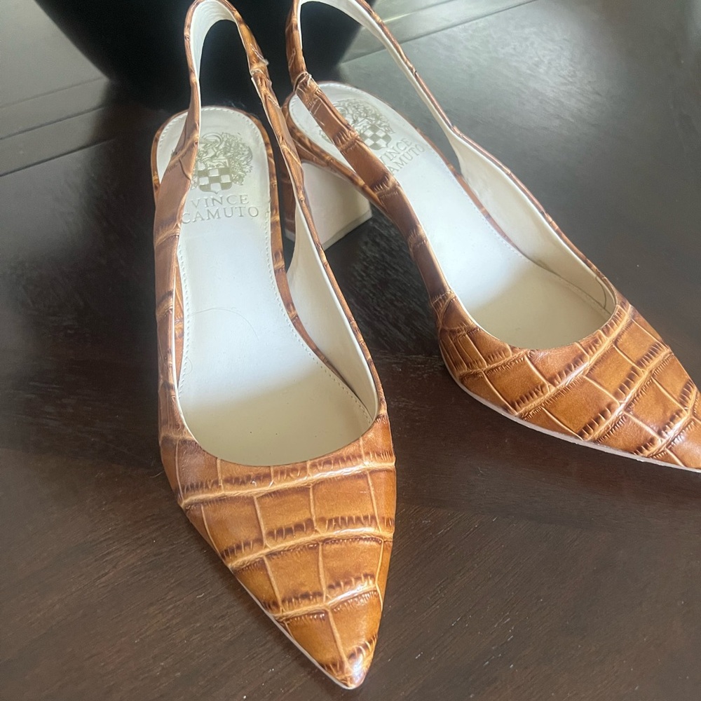 Vince Camuto Tan Croc-Embossed Slingback Heels